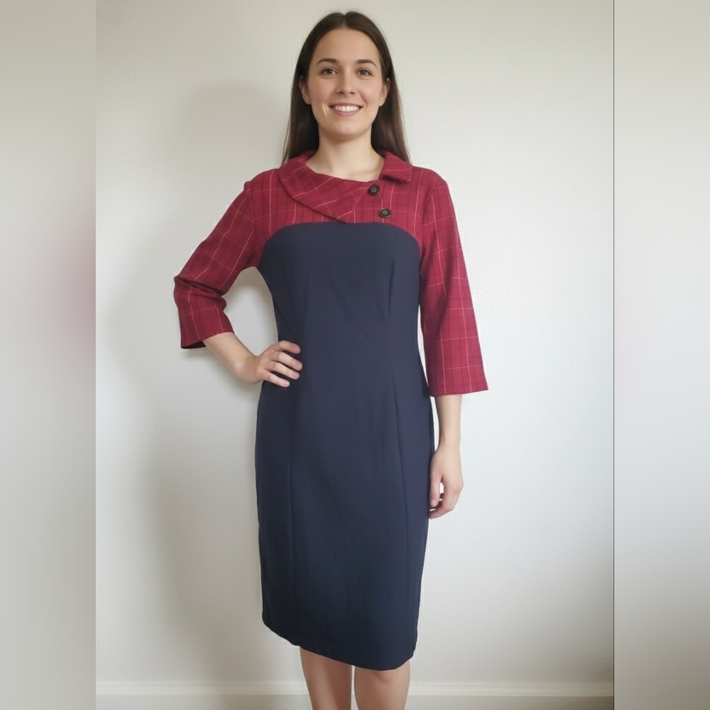​MIUSOL Vintage-Inspired Red Plaid & Navy Pencil Dress L